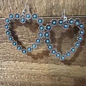 Vibrant‎ Turquoise Heart Earrings with Bohemian Floral Design